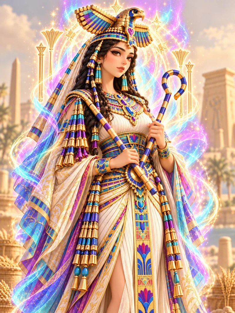 MERITNEITH, a HearthHold Egyptian hero in detailed ceremonial armor.