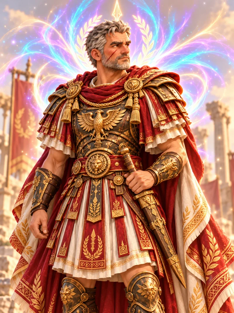 MARCUS, a HearthHold Roman hero in detailed ceremonial armor.