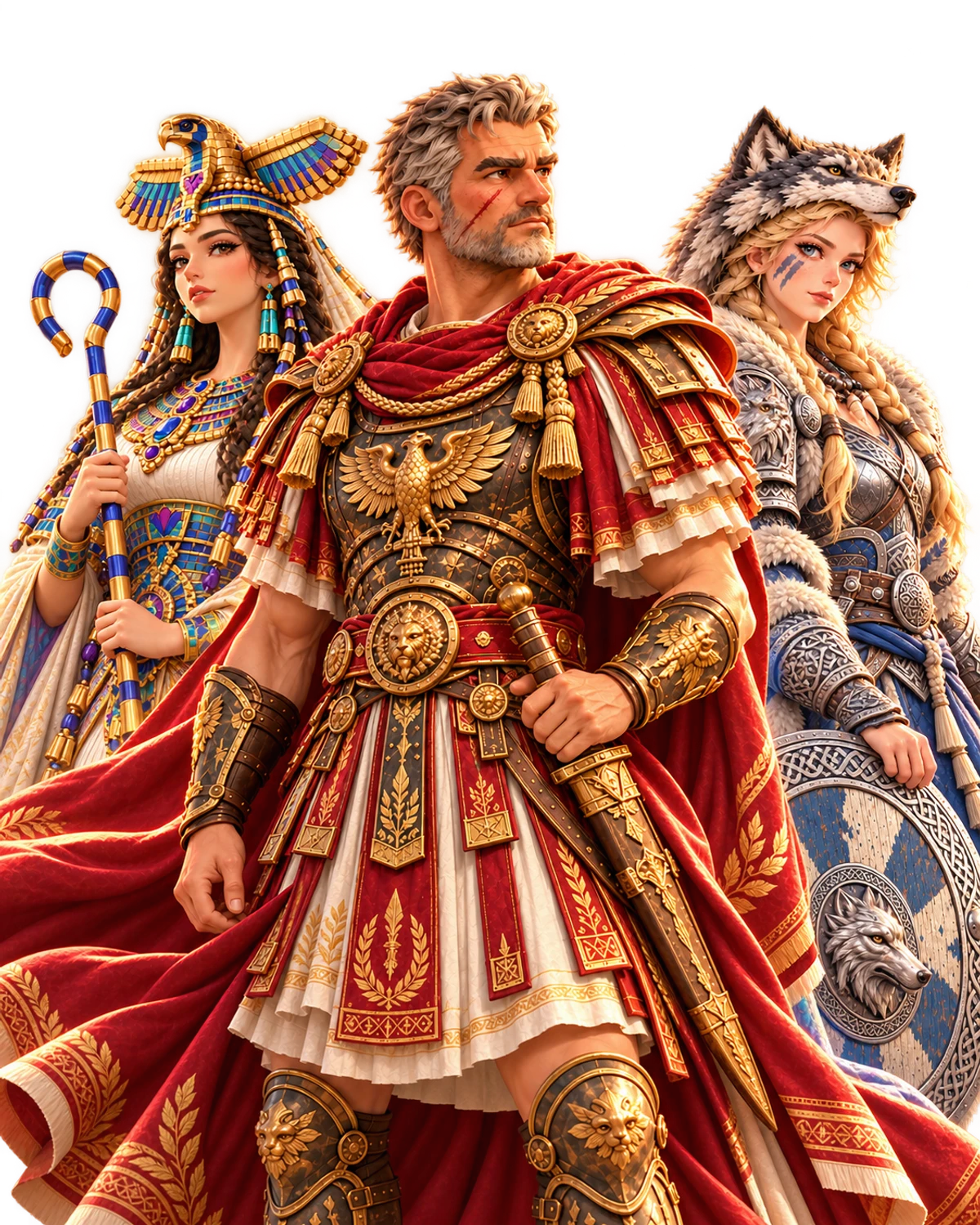Marcus, Meritneith and Sigrun: champions of the Roman, Egyptian and Teuton tribes.