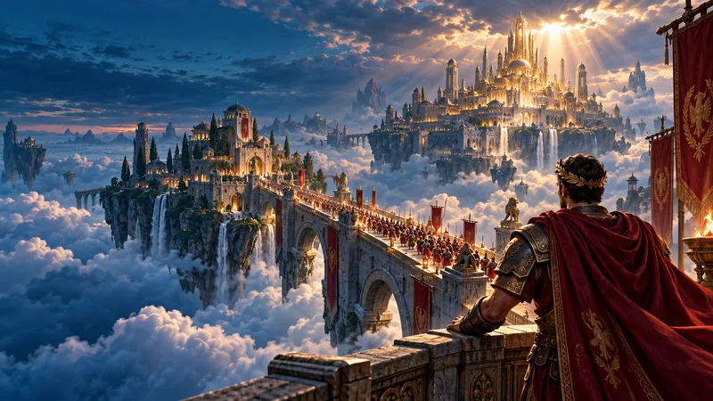 An army crossing a bridge toward the Crown Citadel.
