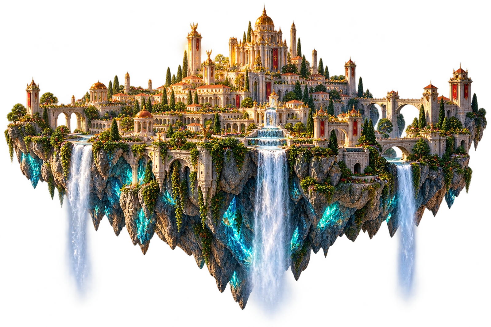 Promotional artwork of a floating HearthHold city with golden towers, crystal cliffs and cascading waterfalls.