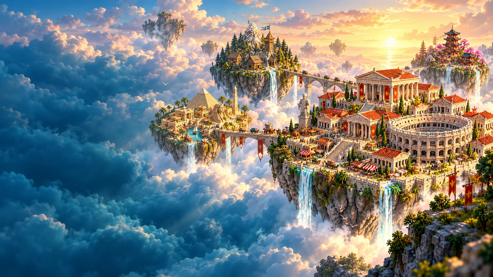 A small floating kingdom with farms and a keep in the morning light.