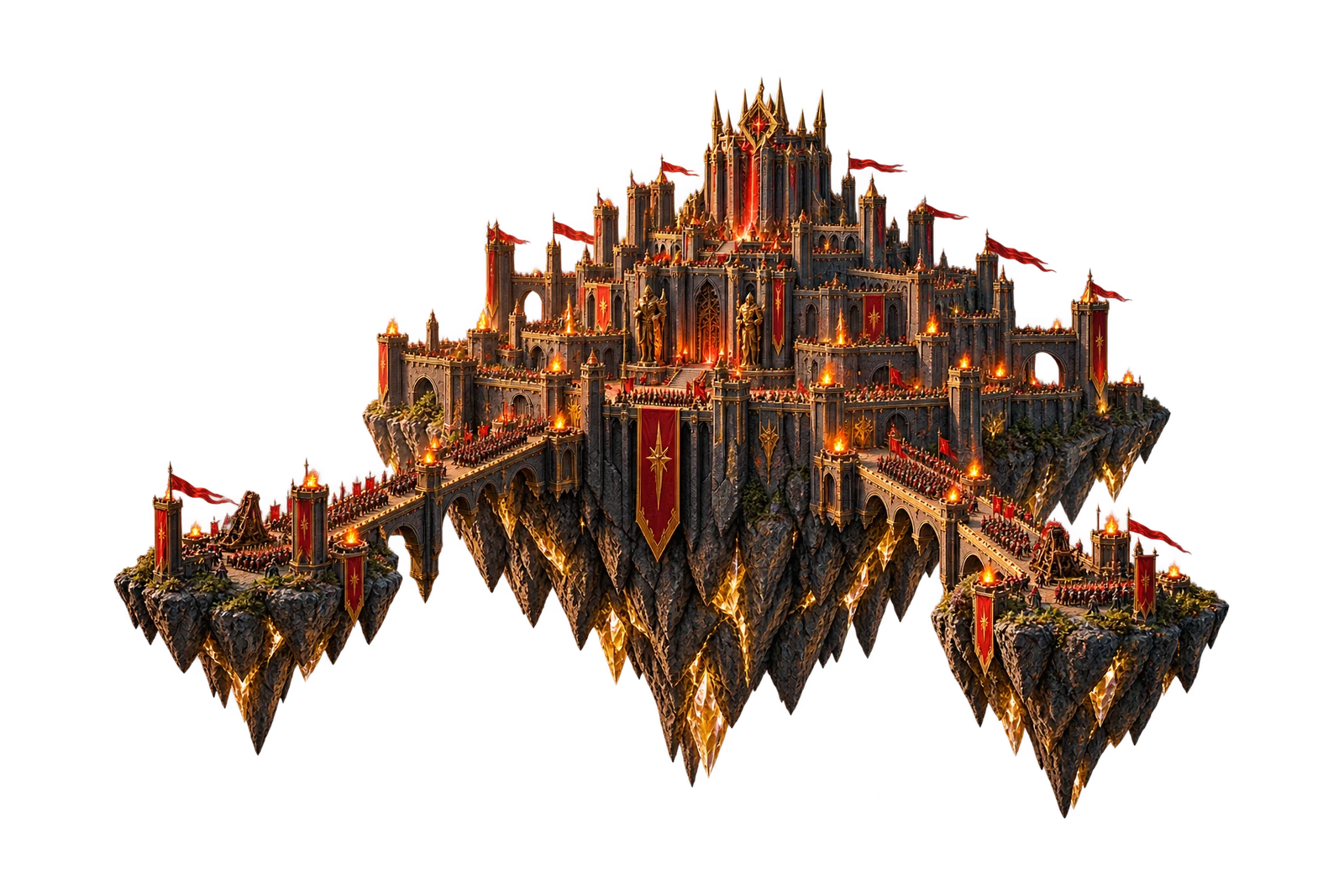 Promotional artwork of a fortified floating citadel with red banners, torchlit bridges and approaching allied armies.
