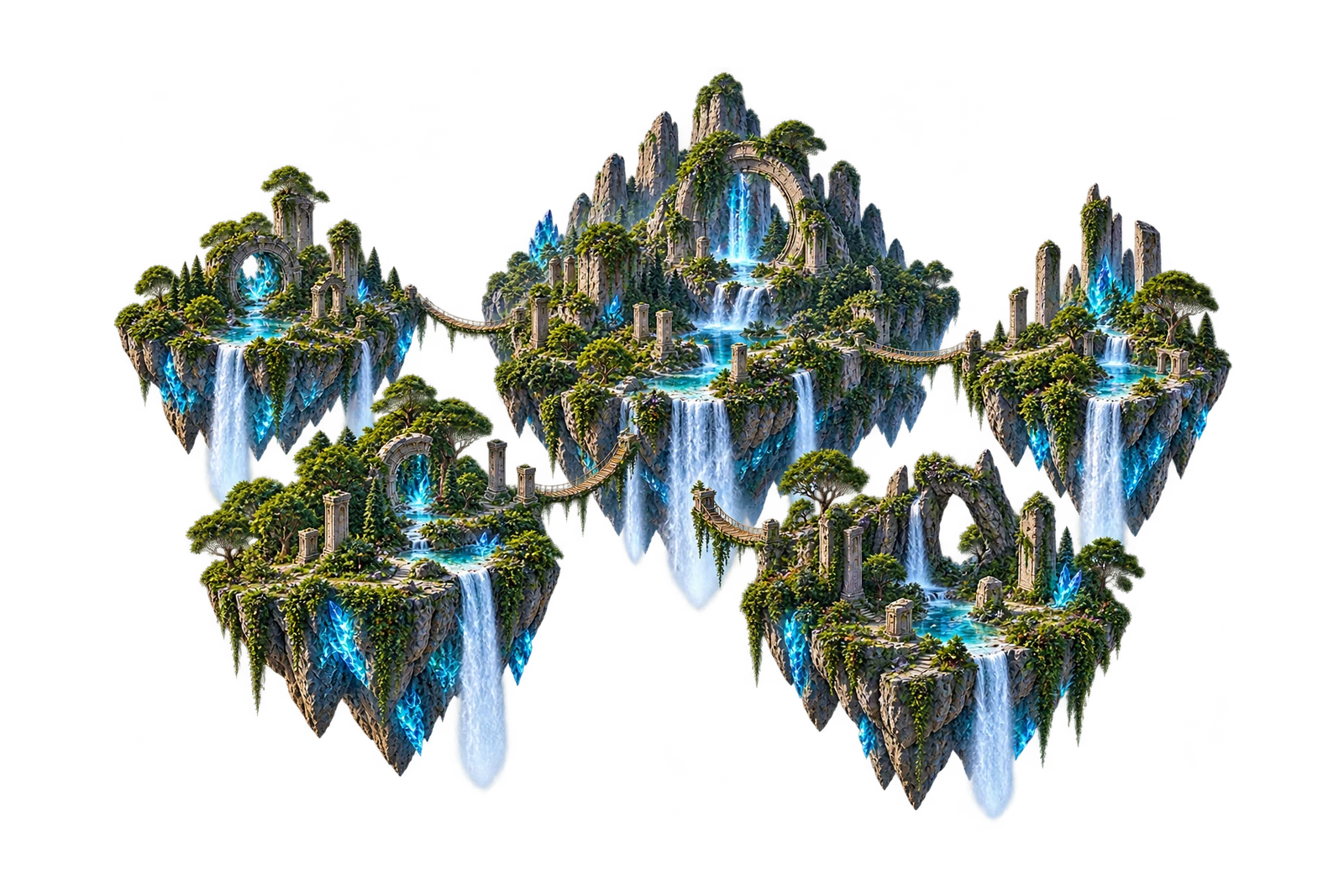 Promotional artwork of unexplored floating islands, ancient ruins, forest canopies and turquoise waterfalls.