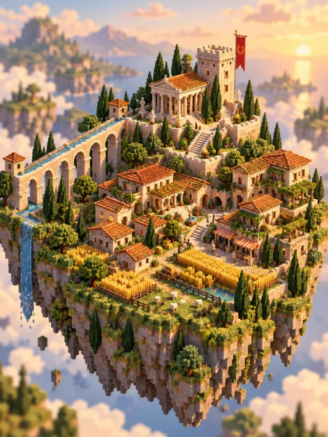 A Roman floating town with farms, aqueducts and a fortified keep.